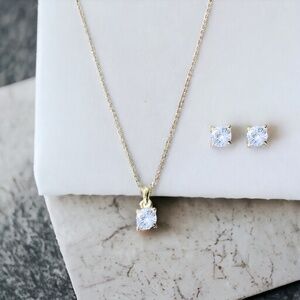 Gold Small CZ Pendant Necklace and Earring Set